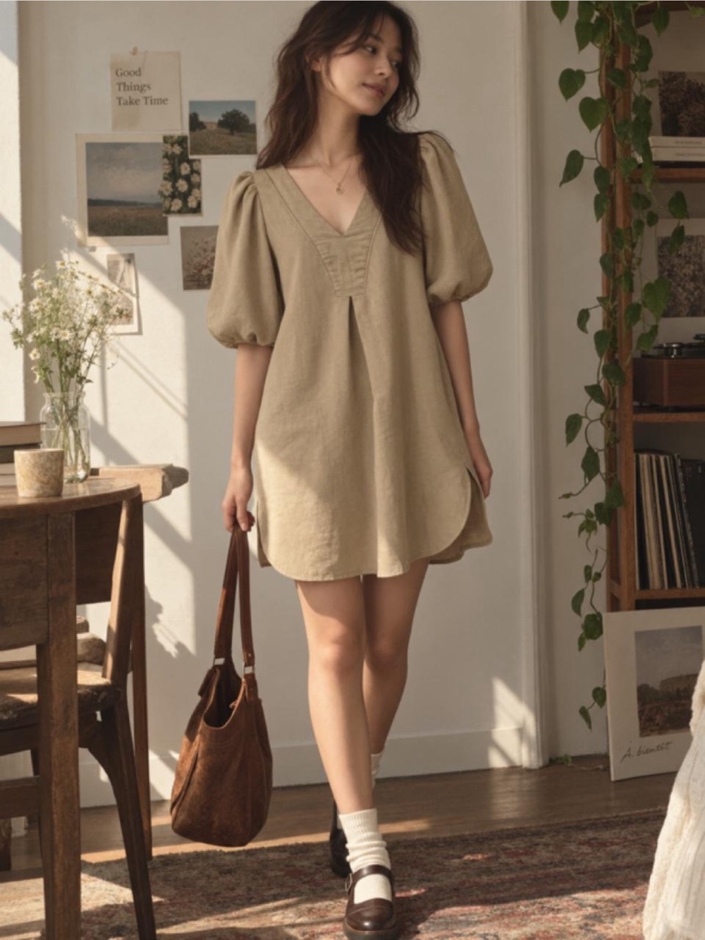 Cynthia Rowley Linen-Blend Puff-Sleeve Dress — Women’s Medium